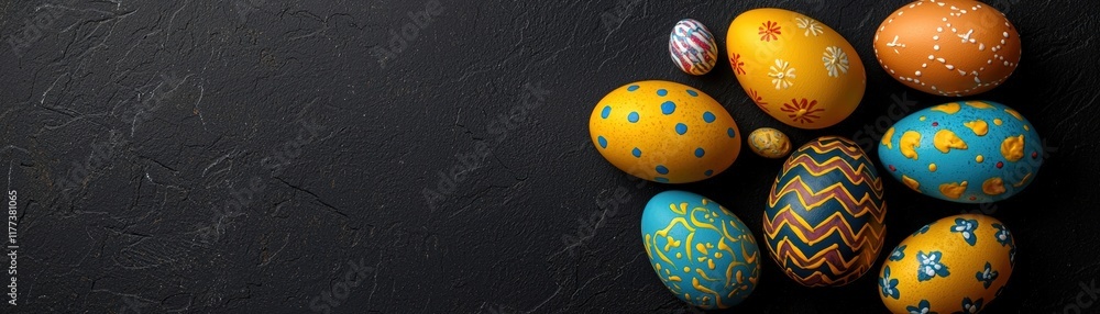 Colorful Easter Eggs on Dark Surface with Unique Patterns and Textures for Festive Celebration