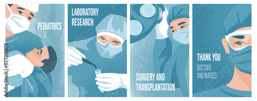 Thank you doctors. Gratitude for nurses or physicians works. Health care and medicine. Covid vaccine. Patient treatment. Heart surgery. Hospital specialists. Vector medical posters set