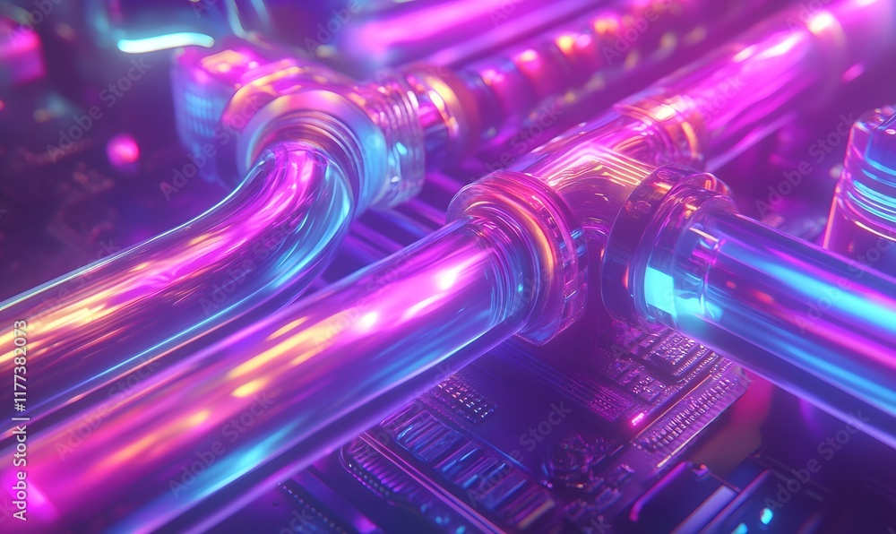 Glowing neon pipes and circuit board. Glowing neon pipes and circuit board.
