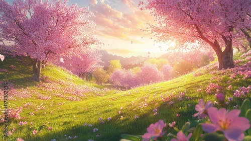 Sunrise Cherry Blossom Hillside Spring Landscape photo