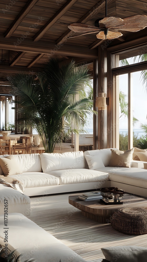 Fototapeta premium Modern Coastal Living Room Design with White Sofa and Natural Wooden Interior Elements