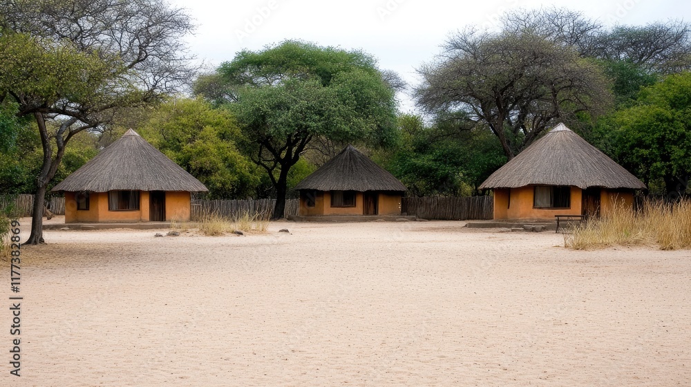 Domed, thatched-roof huts made from natural materials reflect the historical village life of ancient African cultures with grass and sand around Domed, thatched-roof huts made from natural materials reflect the historical village life of ancient African cultures with grass and sand around