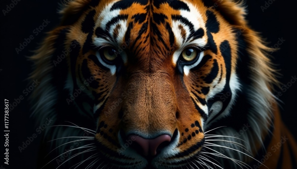 Naklejka premium Dark fur texture close-up of tiger face on dark background, isolated, close up photography, tiger face