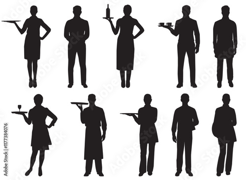 set of silhouette of chef and waitress and waiter. 