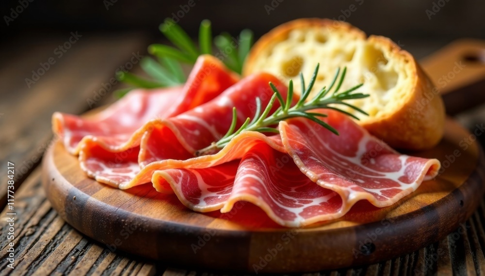 Delicate cured meats arranged on a rustic wooden board, garnished with fresh rosemary and a wedge of crumbly bread , table setting, salami, parma ham Delicate cured meats arranged on a rustic wooden board, garnished with fresh rosemary and a wedge of crumbly bread , table setting, salami, parma ham