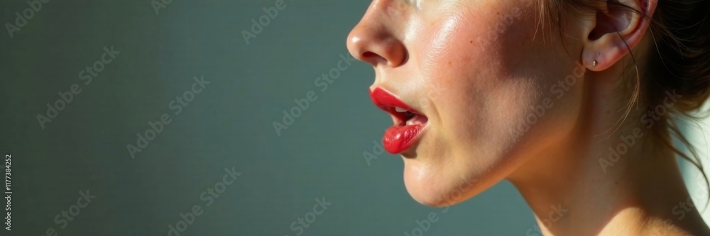 Obraz premium Delicate female face in profile with open mouth and lips revealing a slice of cake, facial feature, yum, pleasure