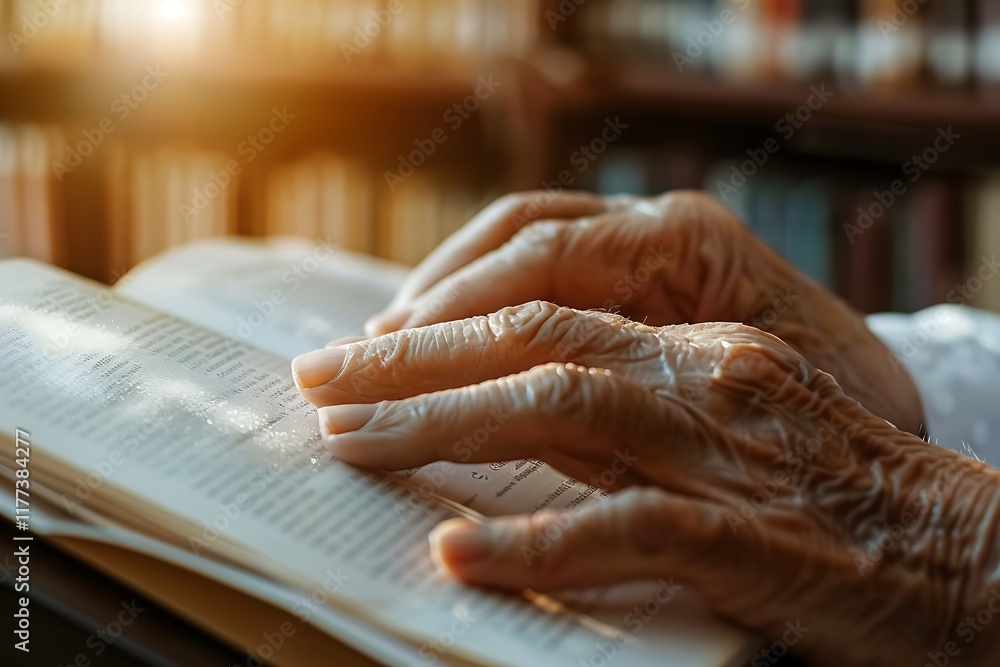 Obraz premium Elderly Hands Gently Holding Open a Book