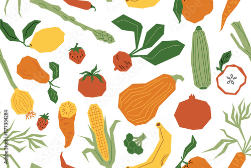 Food pattern. Hand drawn vegan tomato and pumpkin, doodle vegetarian green cabbage and corn, garden texture. Cute healthy cooking. Decor textile, wrapping, wallpaper design. Vector background