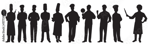 silhouettes of restaurant staff and waiter, waitress, chef, kitchen staff set. 