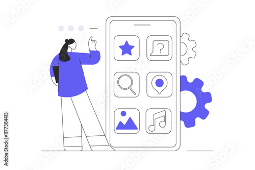 App development. Woman creating mobile interface layout with app buttons, places graphic elements and making settings. Flat Cartoon Vector Illustration, icon. Stylish abstract