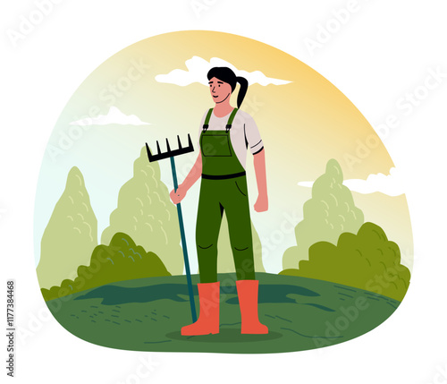 Happy farmer. Gardener standing with rake. Agriculture workers growing vegetable. Agrarian in uniform. Woman in meadow. Horticulture work. Crop harvesting. Vector countryside scene