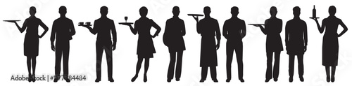 silhouettes of restaurant staff and waiter, waitress, chef, kitchen staff set. 