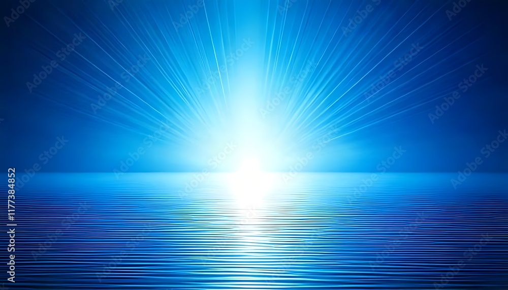Fototapeta premium Radiating blue light bursts above rippling water, creating a serene, abstract scene.