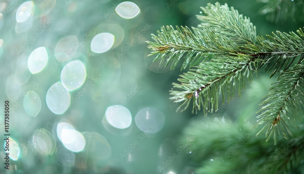 Close-Up of Frosted Evergreen Pine Branches with Water Droplets and Soft Bokeh Background for Winter Nature Themes or Festive Designs Close-Up of Frosted Evergreen Pine Branches with Water Droplets and Soft Bokeh Background for Winter Nature Themes or Festive Designs