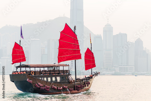 Obraz na płótnie Hong Kong, China with a Traditional Junk Boat w salonie