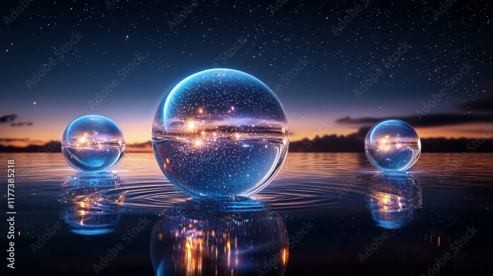 Luminous orbs float gracefully among twinkling stars and delicate nebula wisps, set against the backdrop of a serene and expansive night sky Luminous orbs float gracefully among twinkling stars and delicate nebula wisps, set against the backdrop of a serene and expansive night sky