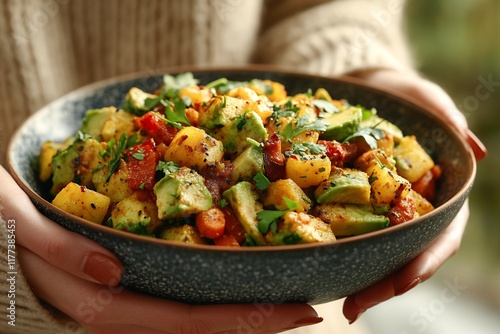 Woman holds a bowl of mixed vegetable salad
