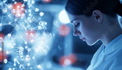 A focused scientist examines molecular structures, illuminated by glowing particles, embodying innovation and research in a high-tech environment.
