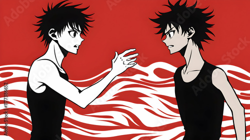 Two stylized anime boys with spiky hair confront each other against a vibrant red and white background, depicting tension and conflict.