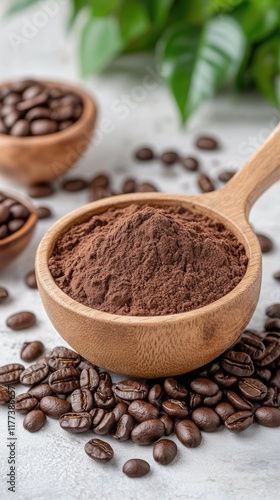 A cup of rich coffee sits on a white plate, accompanied by whole coffee beans and ground coffee powder on a grey marble surface