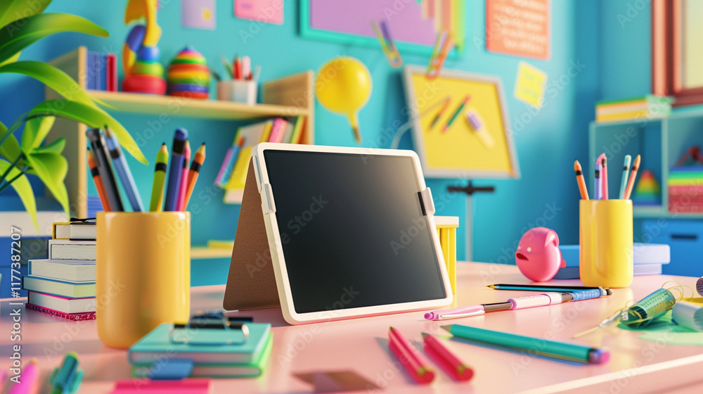 colorful classroom desk with tablet surrounded by school supplies colorful classroom desk with tablet surrounded by school supplies