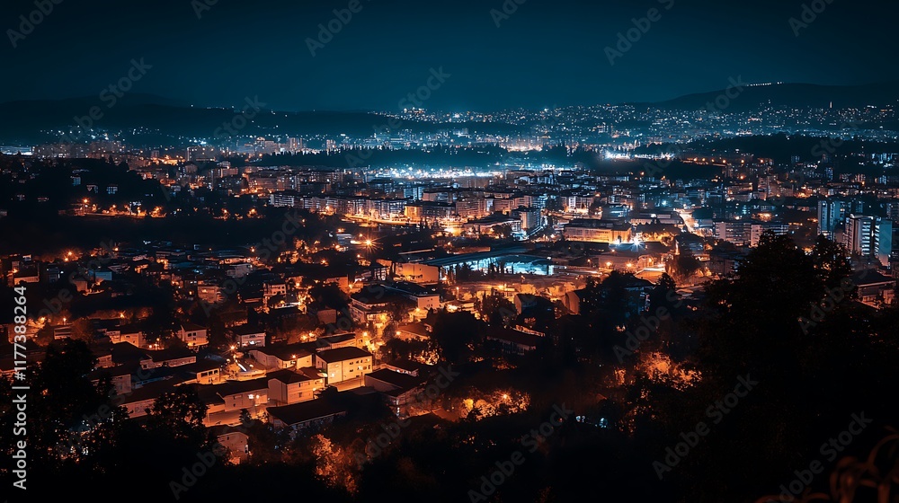 Obraz premium Stunning Nighttime Cityscape View With Bright Lights and Illuminated Buildings in High Resolution