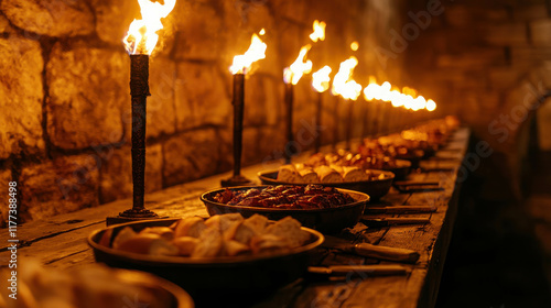 Medieval Banquet in Stone Hall with Long Wooden Table and Candlelight photo