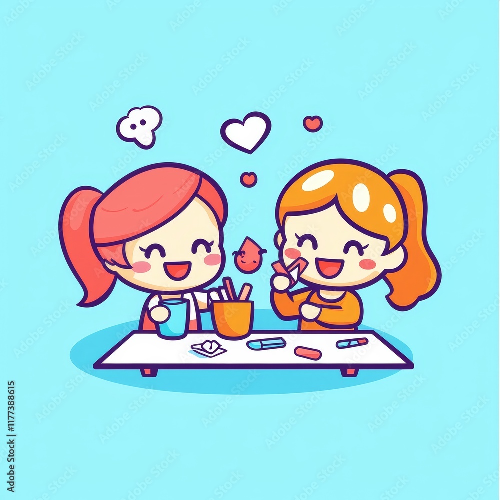 Charming Kawaii Illustration of Two Women Engaged in Creative Craft Activities Together Charming Kawaii Illustration of Two Women Engaged in Creative Craft Activities Together