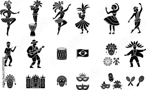Brazil carnival sticker set flat vector illustrations on white background
