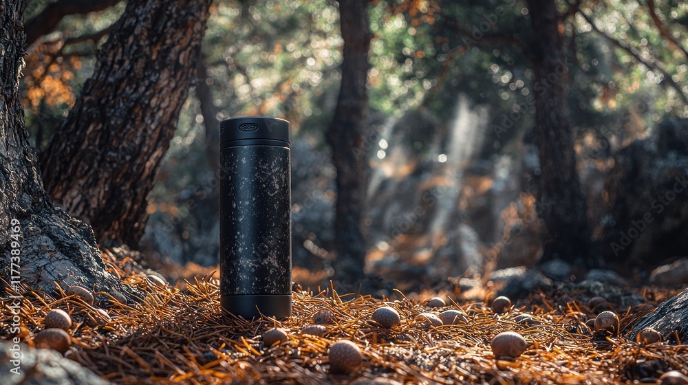 Obraz premium Insulated bottle in autumn forest with distant waterfall