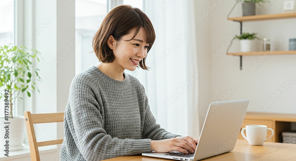Focused Japanese Woman with Medium Brown Hair Working Remotely from a Bright Home Office with a Minimalist Interior Focused Japanese Woman with Medium Brown Hair Working Remotely from a Bright Home Office with a Minimalist Interior