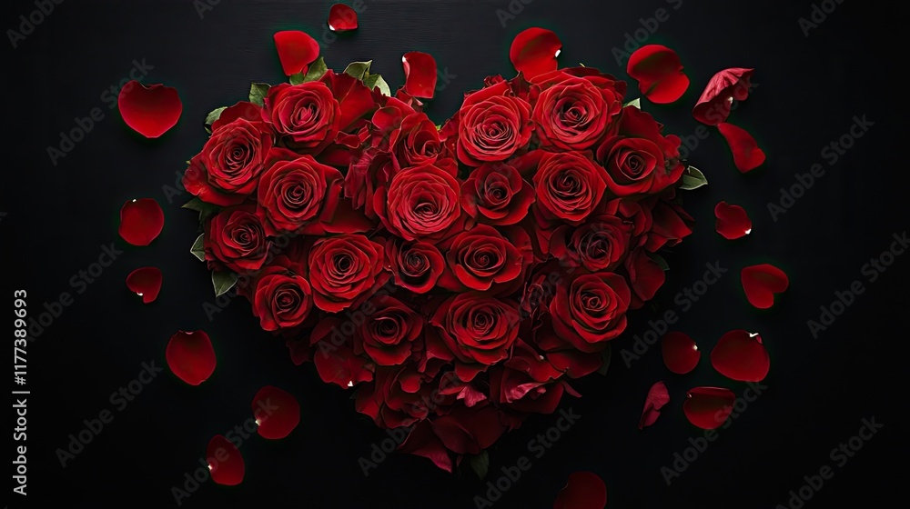 Asymmetrical heart of lush red roses on a black backdrop, accented by petals scattered unevenly. Asymmetrical heart of lush red roses on a black backdrop, accented by petals scattered unevenly.