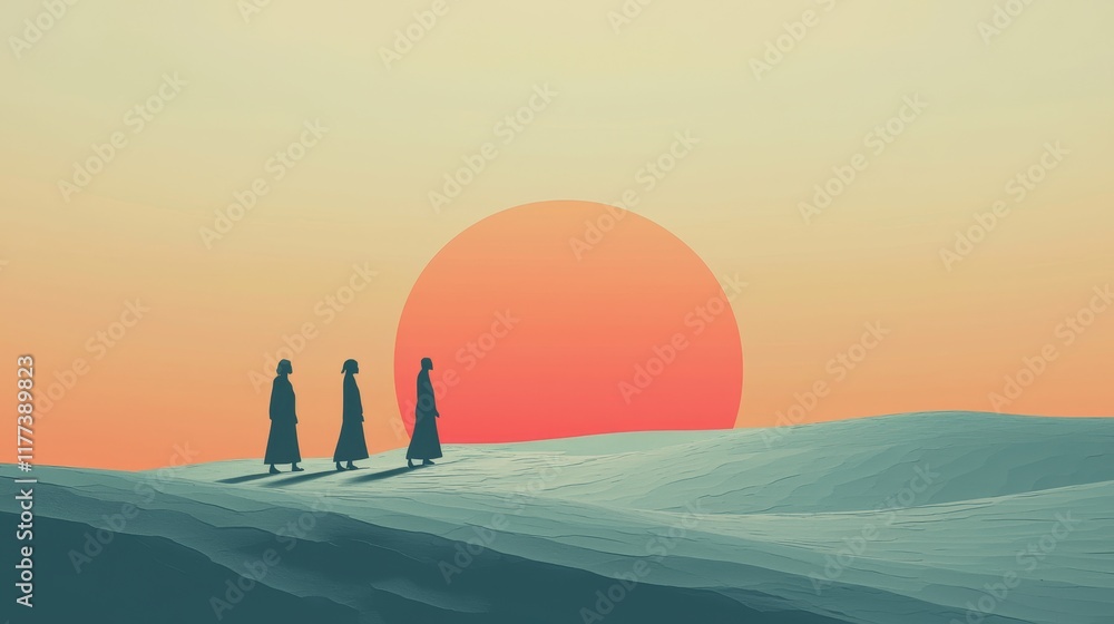 Fototapeta premium Minimalist Landscape with Women Walking Against a Sunset Background