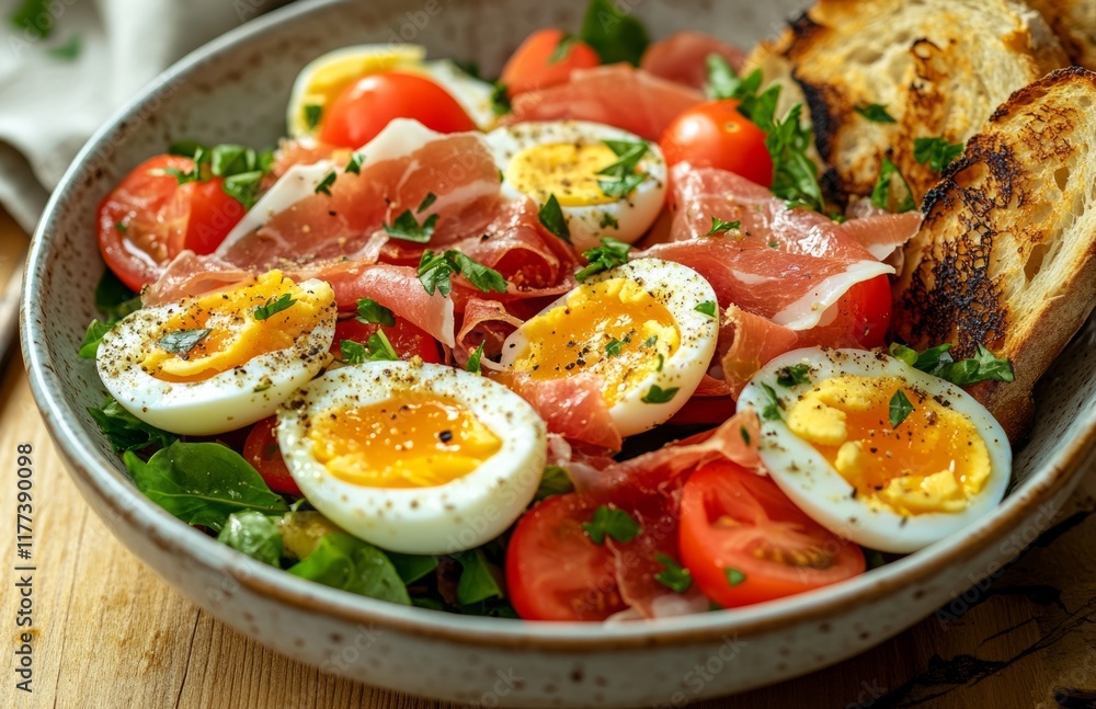Fresh salad with halved eggs, tomato slices, prosciutto, and toasted bread on the side Fresh salad with halved eggs, tomato slices, prosciutto, and toasted bread on the side
