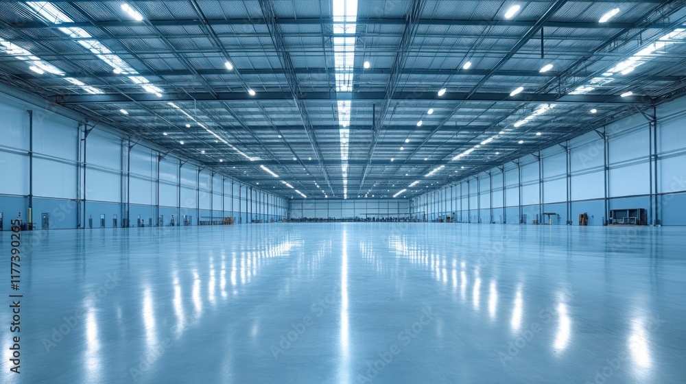 Obraz premium A spacious industrial warehouse with polished concrete flooring and ample overhead lighting.