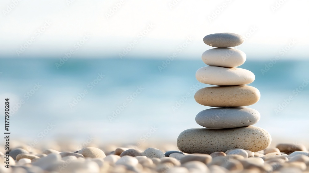 Serene Pebble Stack on Tranquil Beach with Soft Focus Background Serene Pebble Stack on Tranquil Beach with Soft Focus Background