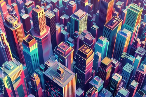 A vibrant isometric illustration of a futuristic city skyline. photo