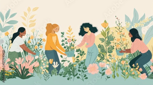 Women Celebrating Together in a Serene Garden of Flowers for Women's Day