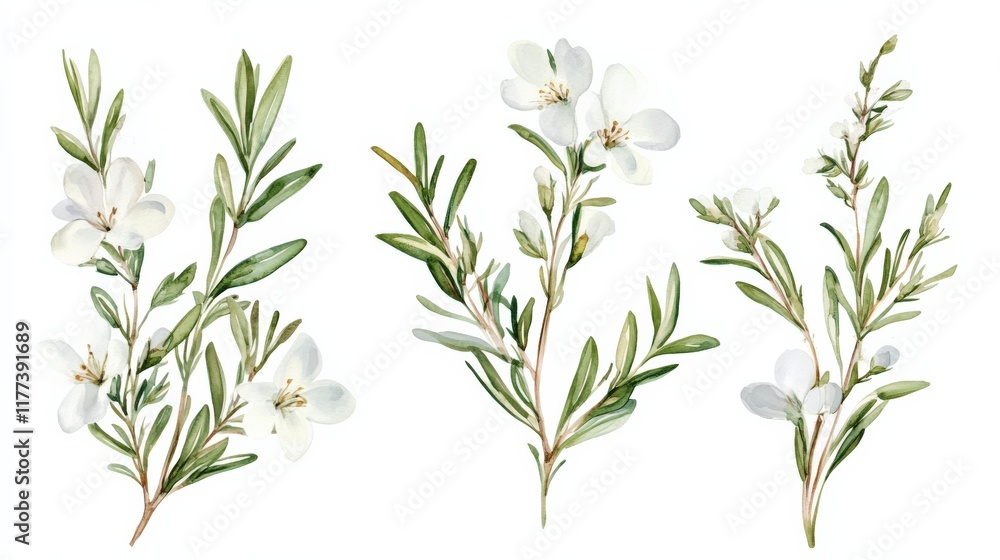 Naklejka premium watercolor painting of white flowers and green leaves