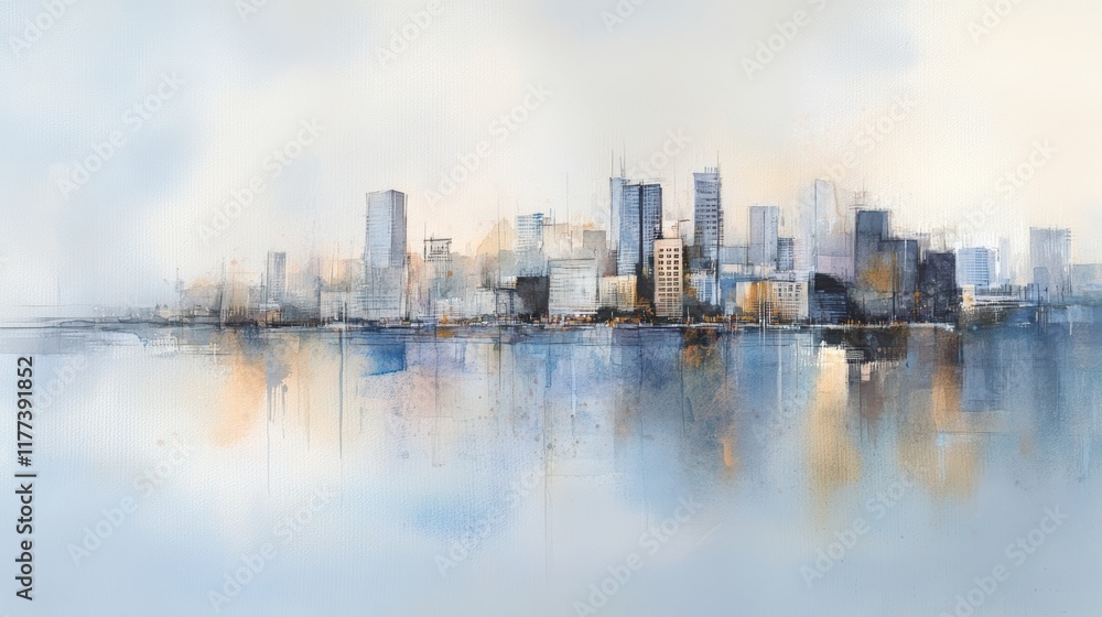 Fototapeta premium Vibrant cityscape painting, a stunning depiction of towering buildings and an illuminated skyline