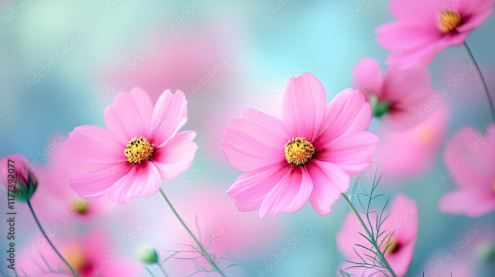 Creative arrangement of blooming pink field flowers on a soft pastel blue backdrop, symbolizing spring freshness. Creative arrangement of blooming pink field flowers on a soft pastel blue backdrop, symbolizing spring freshness.