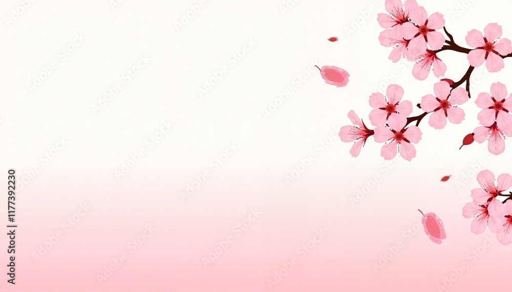 Delicate pink cherry blossom branch with petals on a white background Delicate pink cherry blossom branch with petals on a white background