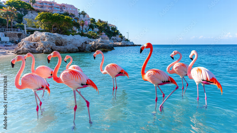 Obraz premium Flamingos standing in shallow water with a blank area of calm ripples and sky reflections, perfect for overlaying text, set against a tranquil sunset