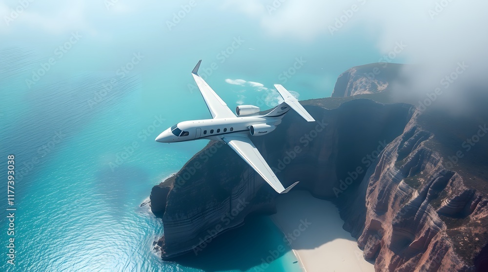 Naklejka premium Private Jet Soaring Above Coastal Cliffs: Serene Aerial Vista