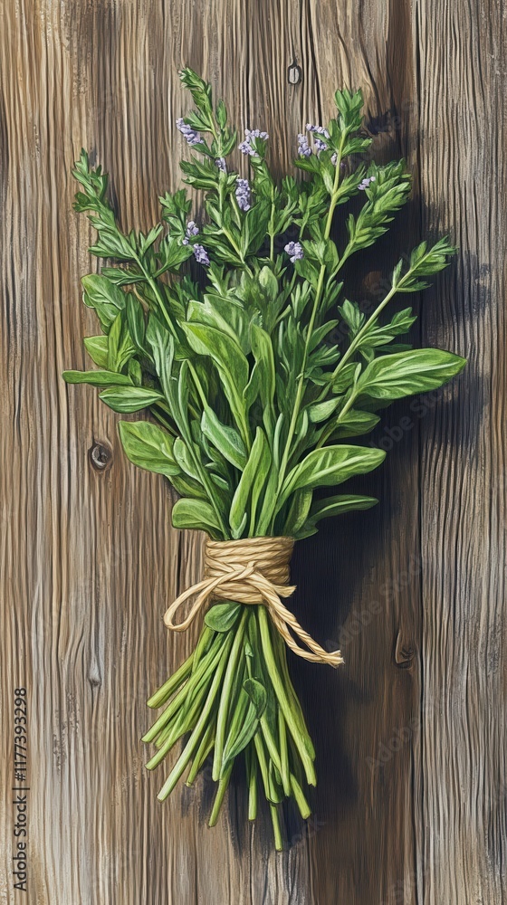 Close-up view of a freshly harvested bunch of herbs tied together against a rustic wooden background Close-up view of a freshly harvested bunch of herbs tied together against a rustic wooden background