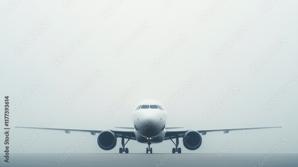 a white airplane on a runway in hazy weather a white airplane on a runway in hazy weather