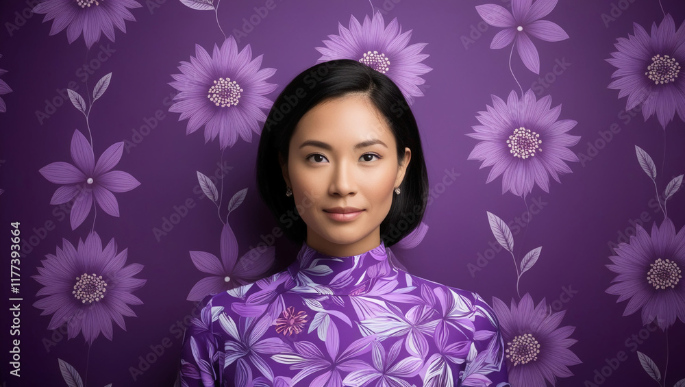 a woman with a purple floral pattern background