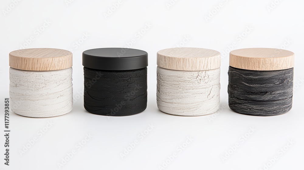 Rustic kitchen storage, three jars with wooden lids for preserving and organizing Rustic kitchen storage, three jars with wooden lids for preserving and organizing