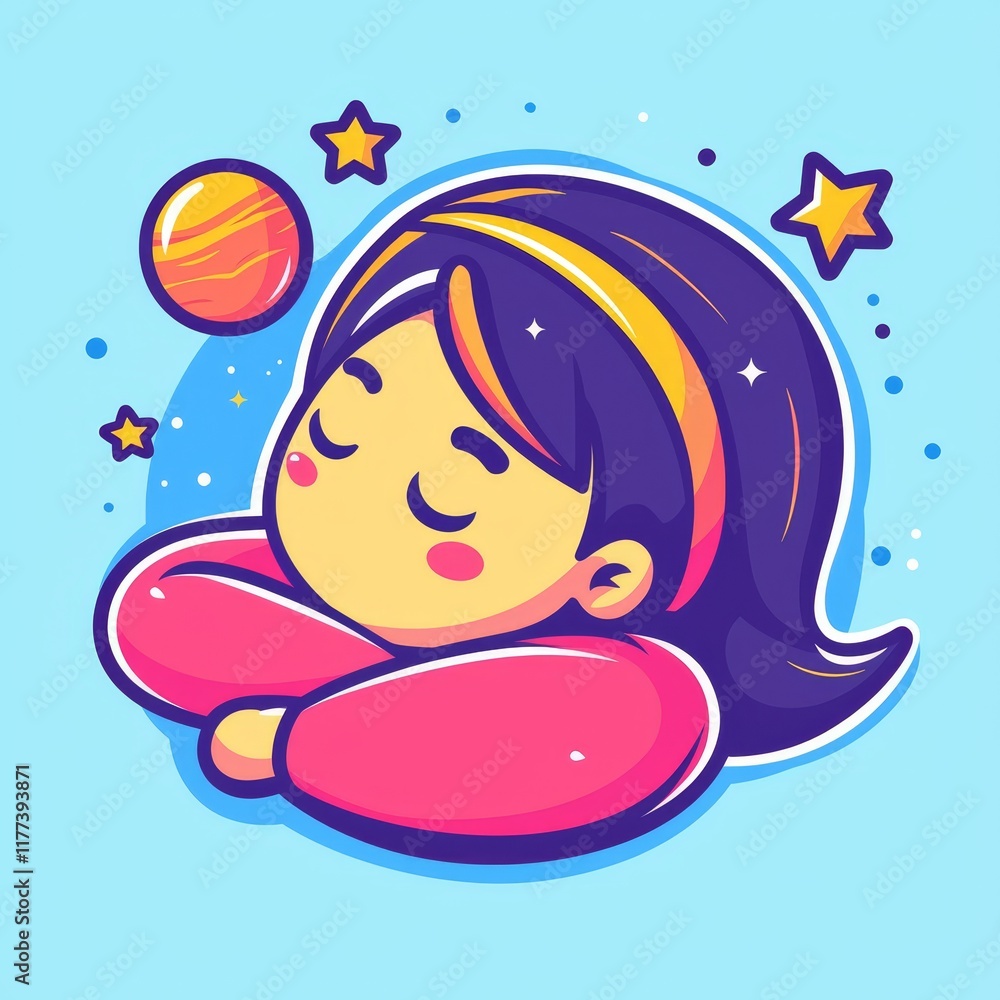 Kawaii Dreamer Woman in Flat Vector Style with Stars and Planet Background Kawaii Dreamer Woman in Flat Vector Style with Stars and Planet Background