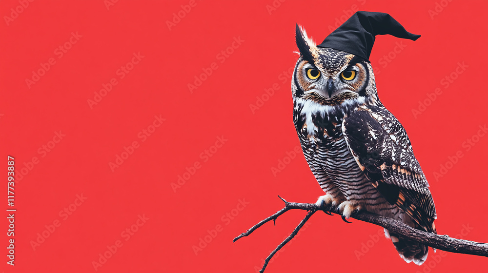 Obraz premium A striking owl wearing a little wizard hat, perched on a branch in front of a bright red background, with ample copy space at the bottom.